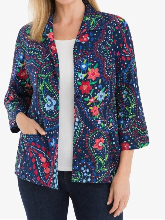 ALFRED DUNNER BOHEMIAN BLAZER JACKET WOMEN'S'S SZ 10 BLUE RED PRINT OPEN FRONT ☆ - Picture 12 of 12